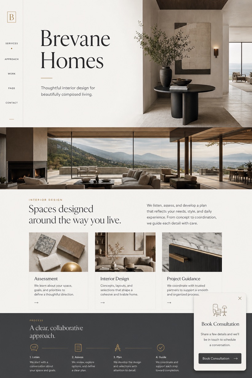 Architecture & Interiors website design for United States, showing a clear opening, service information, supporting content, and a focused inquiry action.