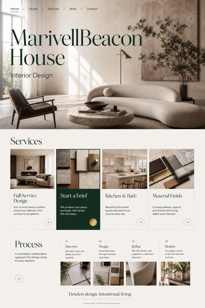 Architecture & Interiors website design for United States, showing a clear opening, service information, supporting content, and a focused inquiry action.