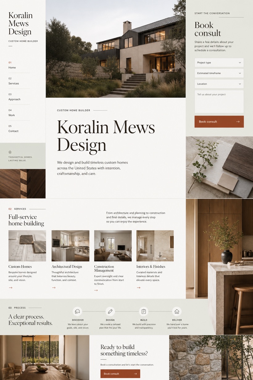 Architecture & Interiors website design for United States, showing a clear opening, service information, supporting content, and a focused inquiry action.