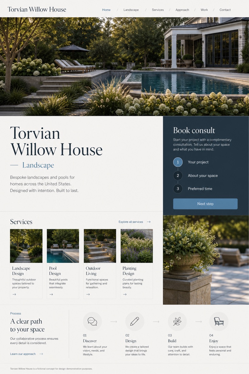 Architecture & Interiors website design for United States, showing a clear opening, service information, supporting content, and a focused inquiry action.