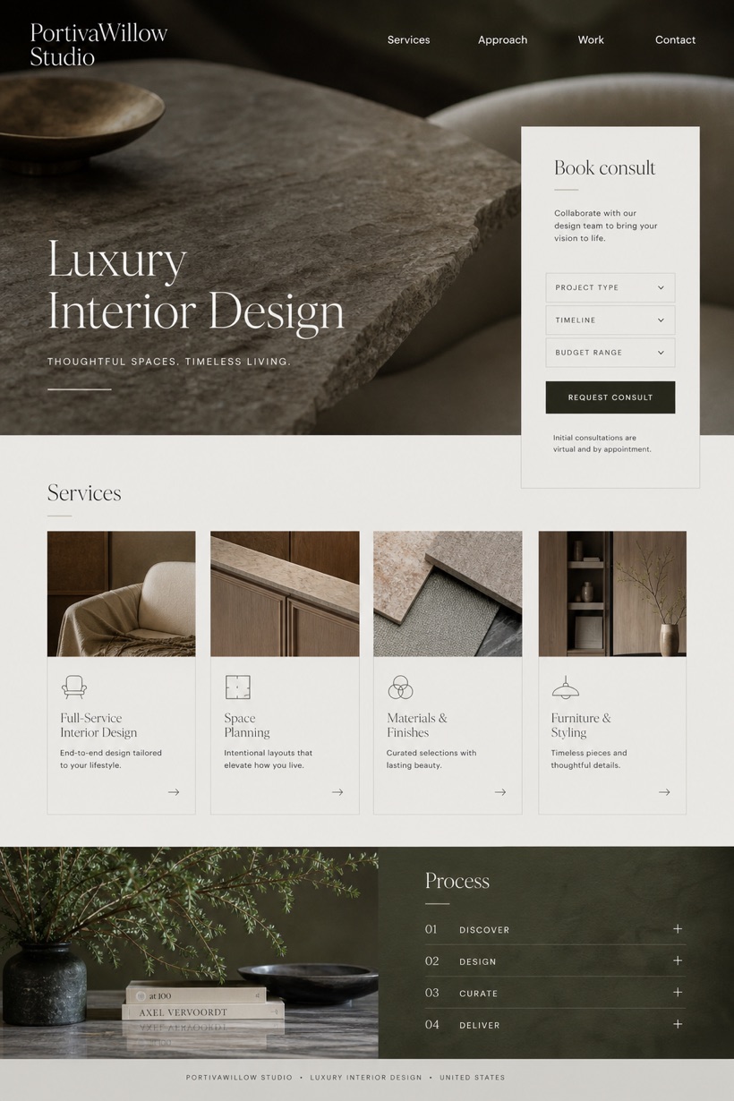 Architecture & Interiors website design for United States, showing a clear opening, service information, supporting content, and a focused inquiry action.