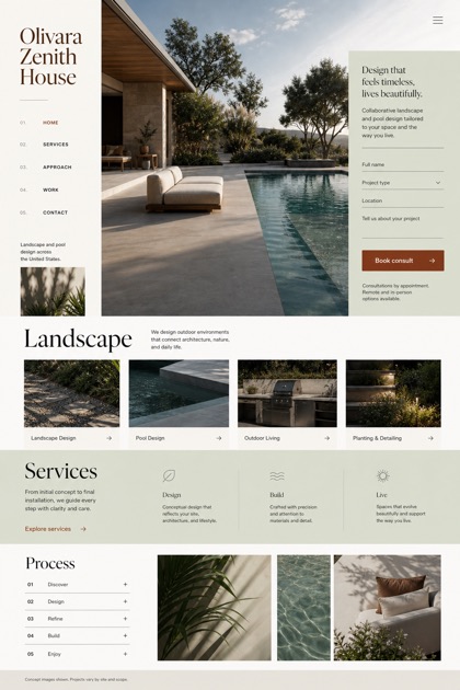Architecture & Interiors website design for United States, showing a clear opening, service information, supporting content, and a focused inquiry action.