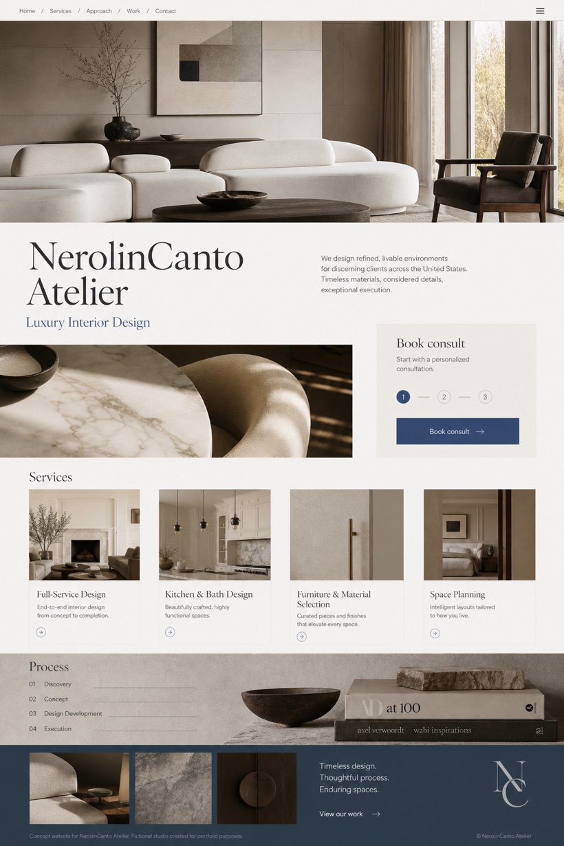 Architecture & Interiors website design for United States, showing a clear opening, service information, supporting content, and a focused inquiry action.