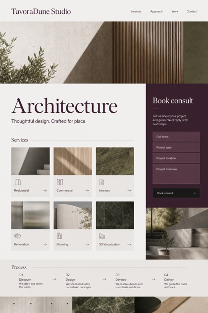 Architecture & Interiors website design for United States, showing a clear opening, service information, supporting content, and a focused inquiry action.