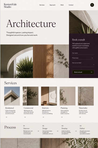 Architecture & Interiors website design for United States, showing a clear opening, service information, supporting content, and a focused inquiry action.