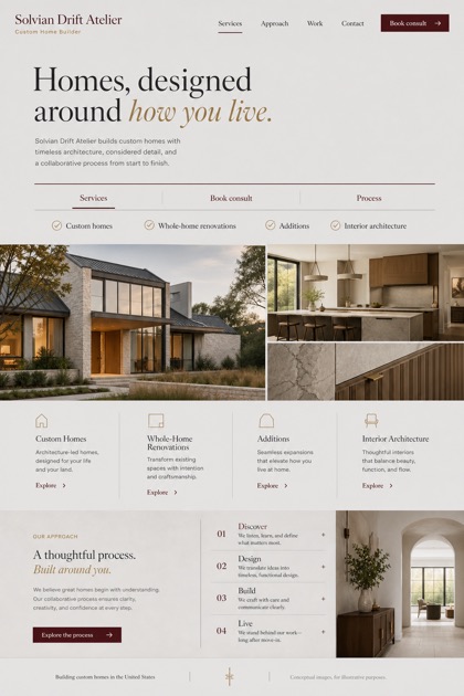 Architecture & Interiors website design for United States, showing a clear opening, service information, supporting content, and a focused inquiry action.
