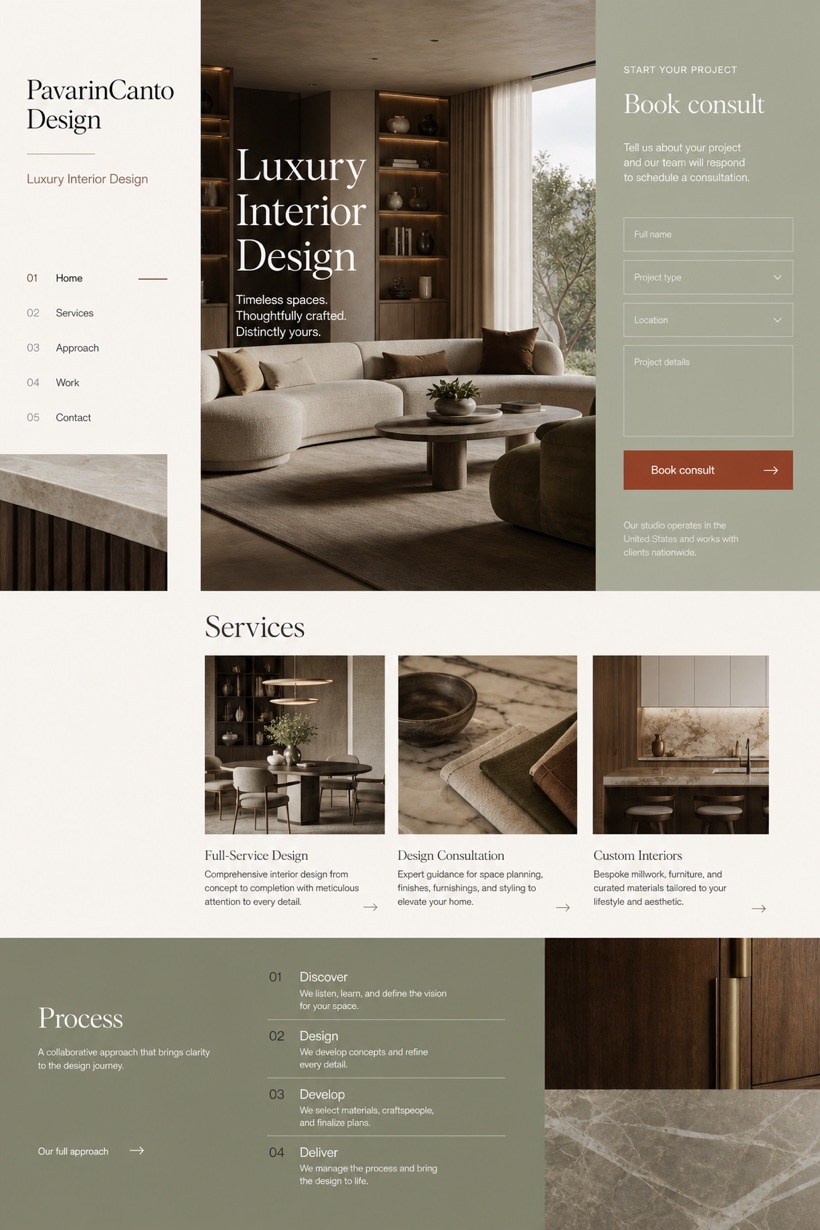 Architecture & Interiors website design for United States, showing a clear opening, service information, supporting content, and a focused inquiry action.