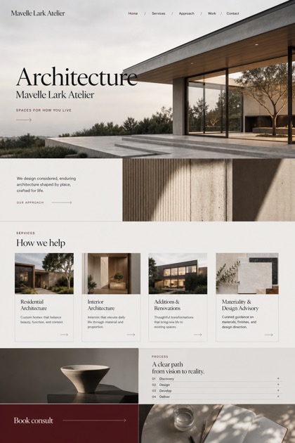Architecture & Interiors website design for United States, showing a clear opening, service information, supporting content, and a focused inquiry action.