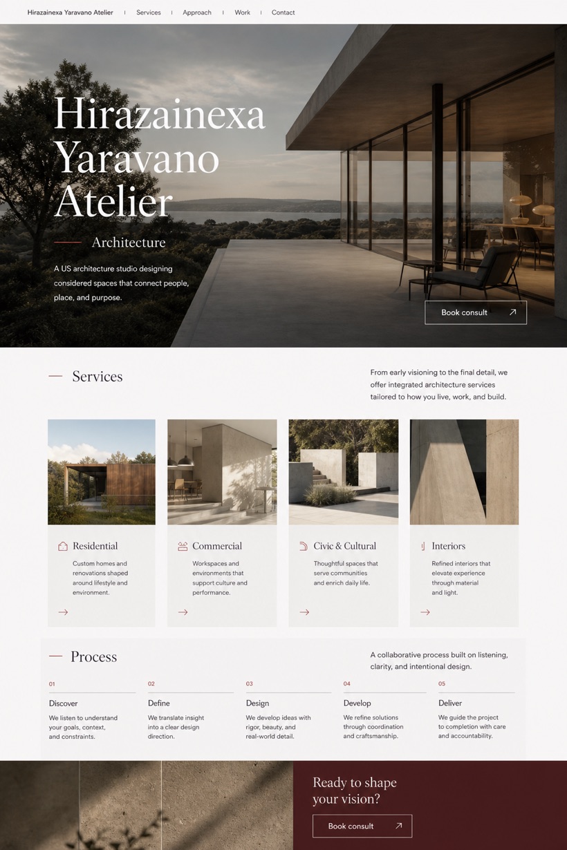 Architecture & Interiors website design for United States, showing a clear opening, service information, supporting content, and a focused inquiry action.