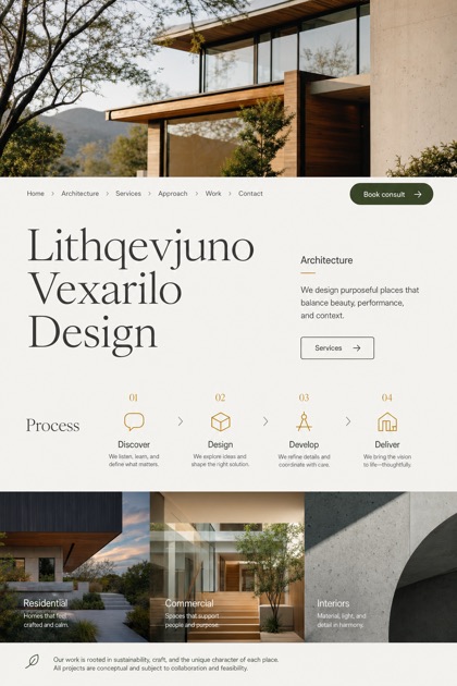 Architecture & Interiors website design for United States, showing a clear opening, service information, supporting content, and a focused inquiry action.