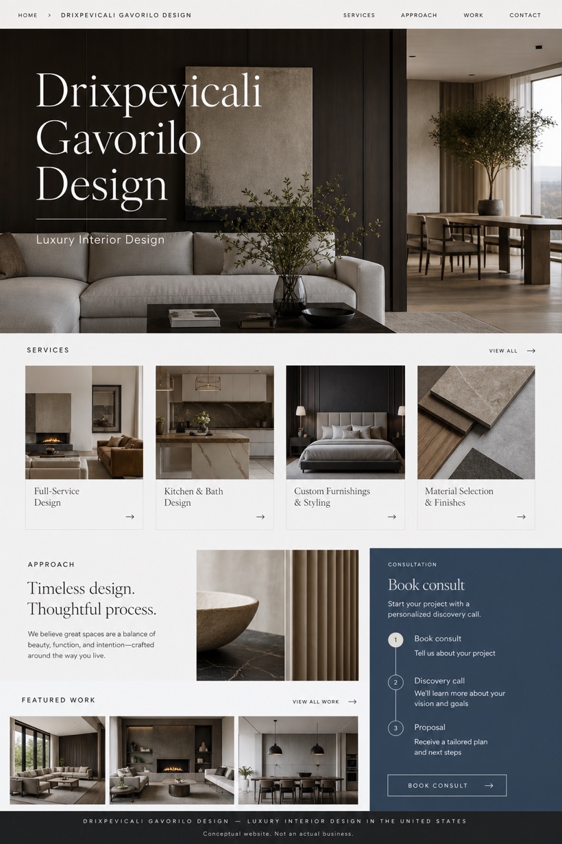 Architecture & Interiors website design for United States, showing a clear opening, service information, supporting content, and a focused inquiry action.