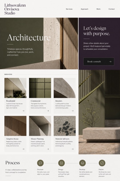Architecture & Interiors website design for United States, showing a clear opening, service information, supporting content, and a focused inquiry action.