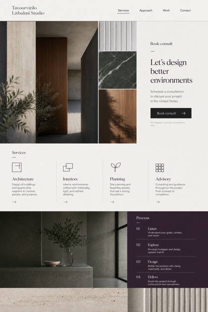 Architecture & Interiors website design for United States, showing a clear opening, service information, supporting content, and a focused inquiry action.