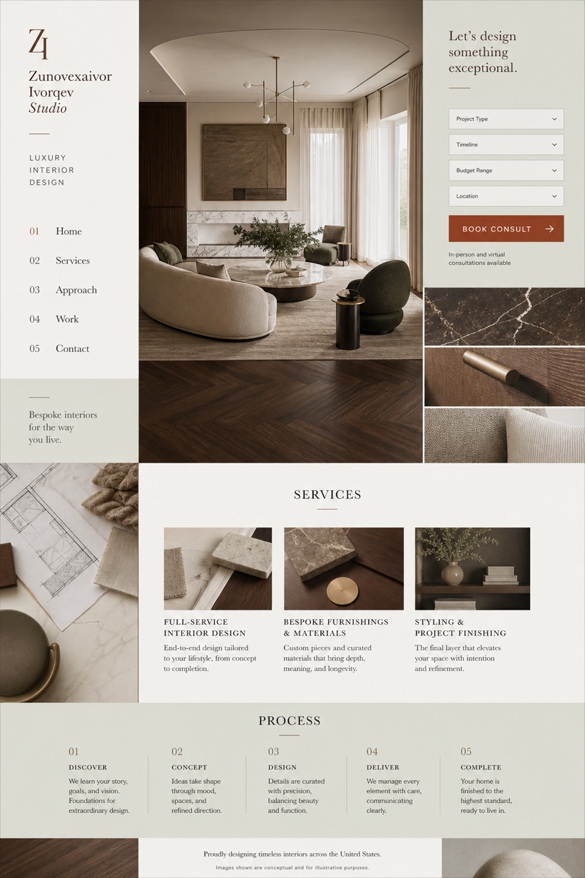 Architecture & Interiors website design for United States, showing a clear opening, service information, supporting content, and a focused inquiry action.