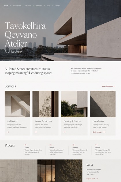 Architecture & Interiors website design for United States, showing a clear opening, service information, supporting content, and a focused inquiry action.