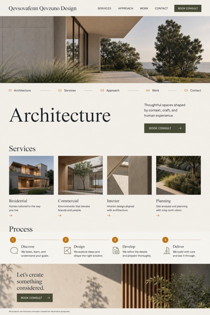 Architecture & Interiors website design for United States, showing a clear opening, service information, supporting content, and a focused inquiry action.