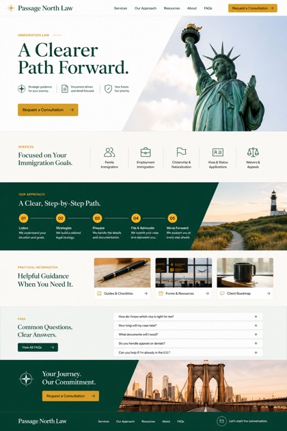 Fictional Passage North Law Immigration law firm website design showcase with a complete 2:3 page layout, service sections, practical information, and contact action