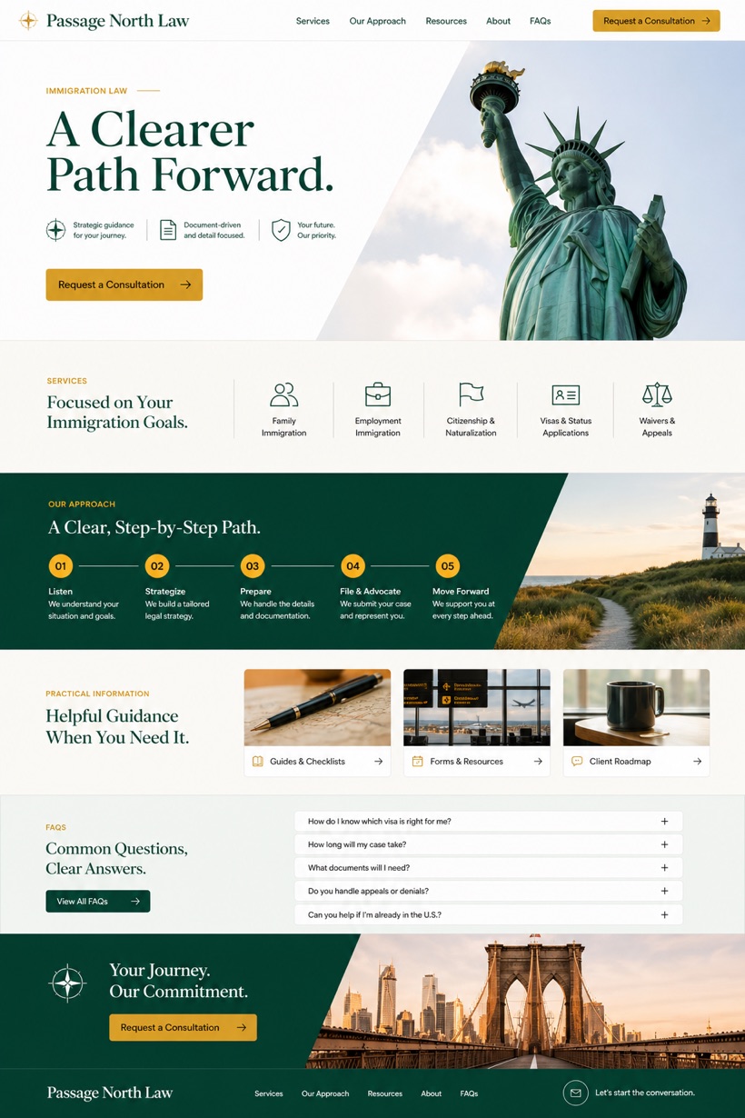 Fictional Passage North Law Immigration law firm website design showcase with a complete 2:3 page layout, service sections, practical information, and contact action