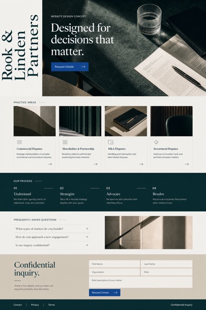 Fictional Rook & Linden Partners High-value dispute resolution practice website design showcase in a 2:3 layout with service sections, FAQ, and inquiry action