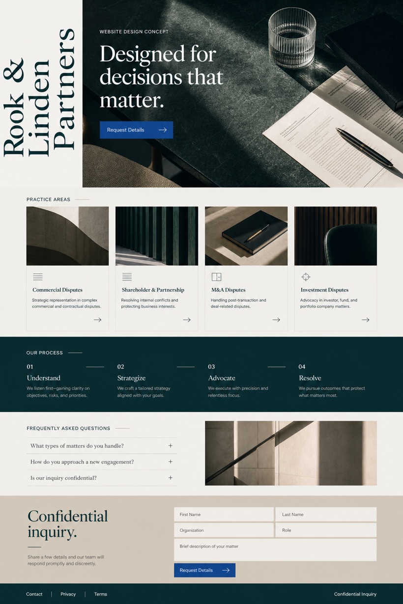 Fictional Rook & Linden Partners High-value dispute resolution practice website design showcase in a 2:3 layout with service sections, FAQ, and inquiry action