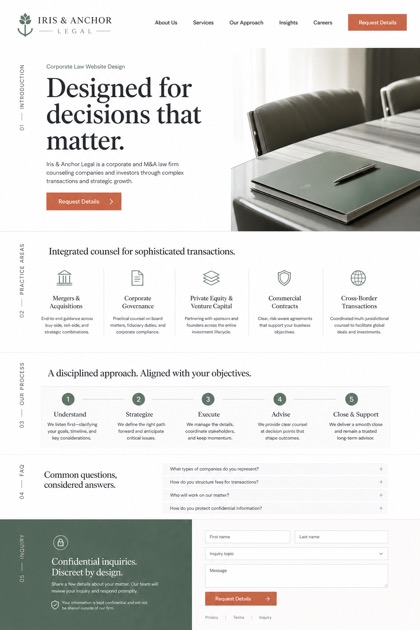 Fictional Iris & Anchor Legal Corporate and M&A law firm website design showcase in a 2:3 layout with service sections, FAQ, and inquiry action
