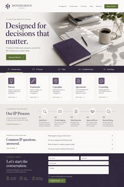 Fictional Mondegreen Legal Intellectual property law firm website design showcase in a 2:3 layout with service sections, FAQ, and inquiry action