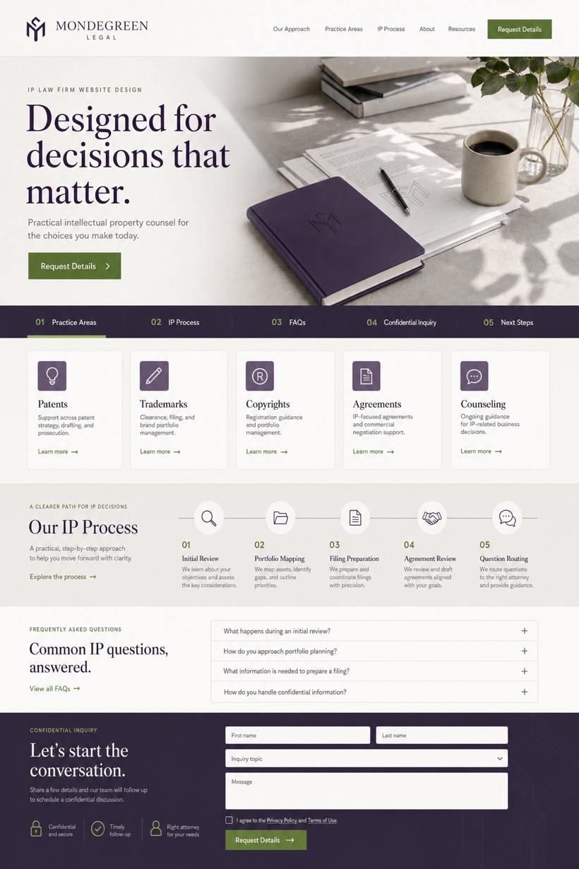 Fictional Mondegreen Legal Intellectual property law firm website design showcase in a 2:3 layout with service sections, FAQ, and inquiry action