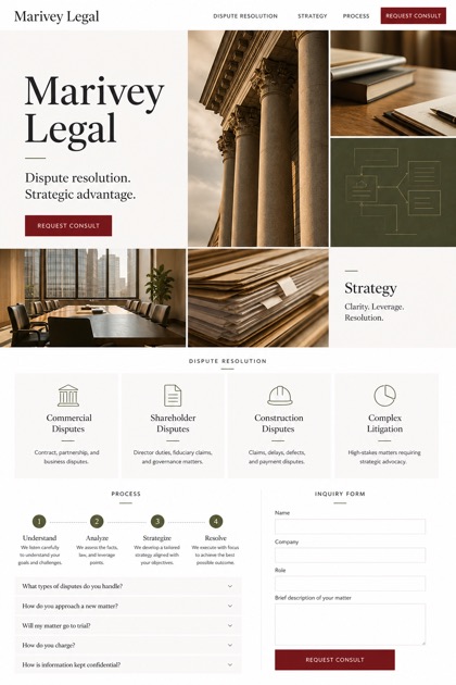 Legal website design for United States, showing a clear opening, service information, supporting content, and a focused inquiry action.