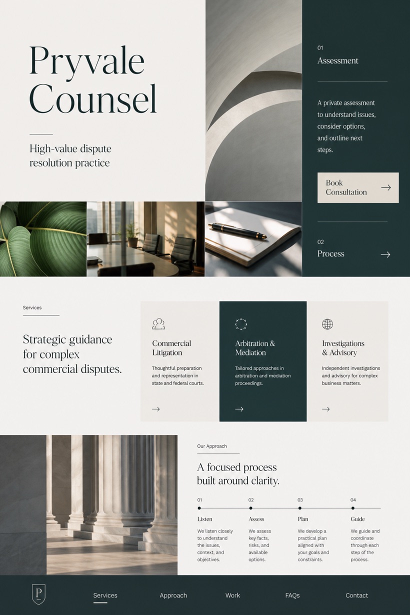 Legal website design for United States, showing a clear opening, service information, supporting content, and a focused inquiry action.