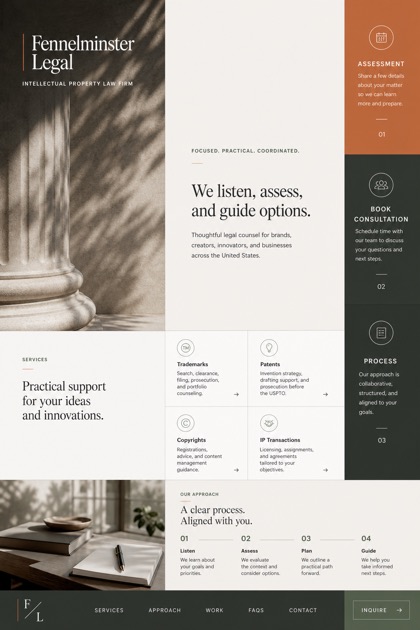 Legal website design for United States, showing a clear opening, service information, supporting content, and a focused inquiry action.