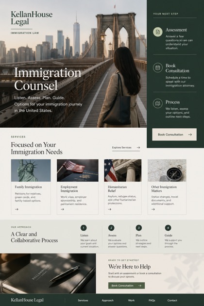 Legal website design for United States, showing a clear opening, service information, supporting content, and a focused inquiry action.