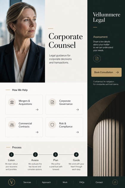 Legal website design for United States, showing a clear opening, service information, supporting content, and a focused inquiry action.