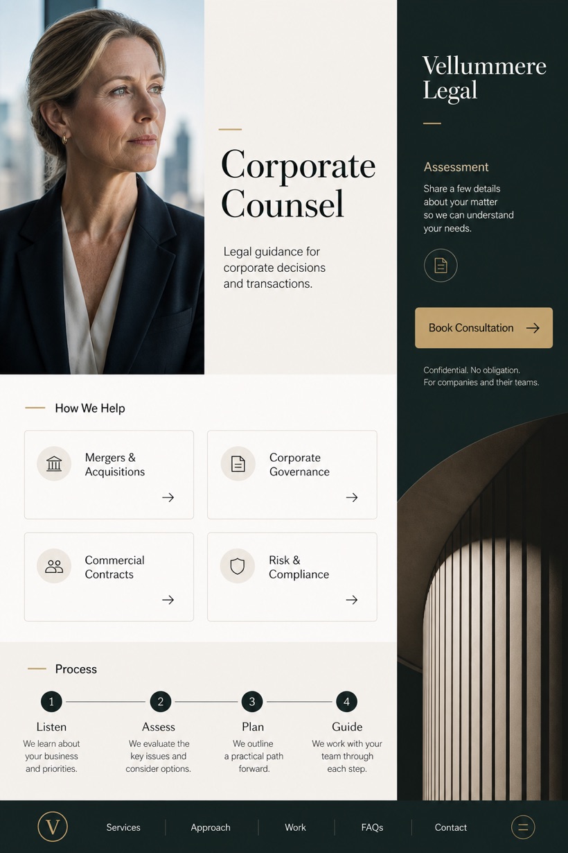 Legal website design for United States, showing a clear opening, service information, supporting content, and a focused inquiry action.