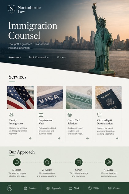Legal website design for United States, showing a clear opening, service information, supporting content, and a focused inquiry action.