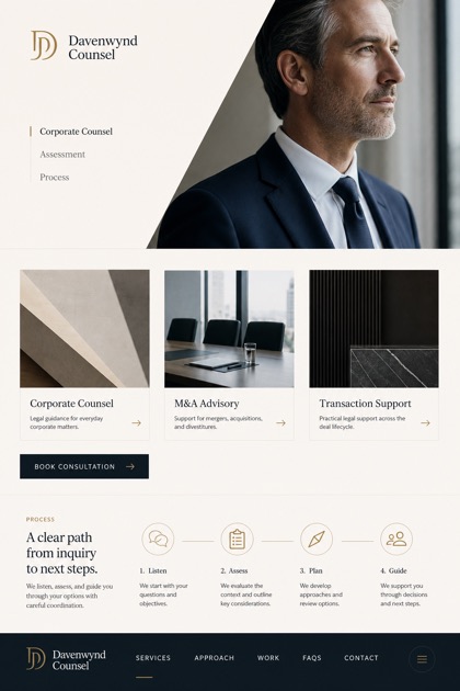 Legal website design for United States, showing a clear opening, service information, supporting content, and a focused inquiry action.