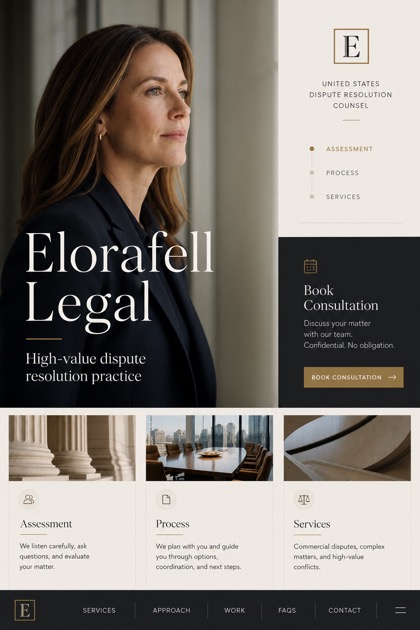 Legal website design for United States, showing a clear opening, service information, supporting content, and a focused inquiry action.