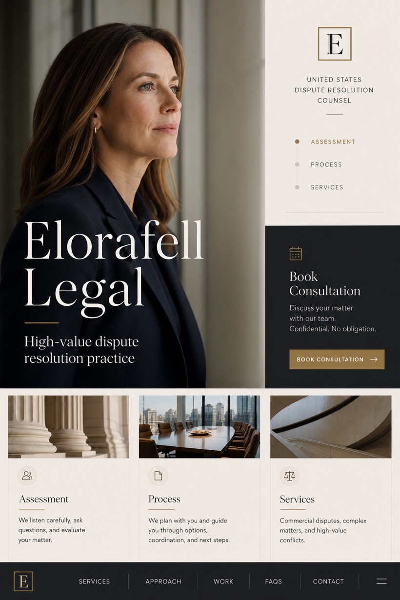 Legal website design for United States, showing a clear opening, service information, supporting content, and a focused inquiry action.