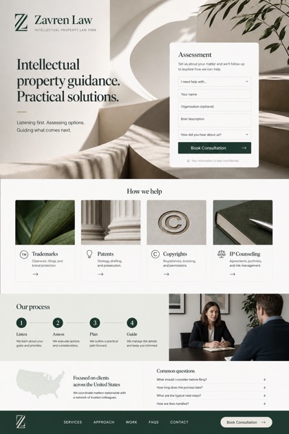 Legal website design for United States, showing a clear opening, service information, supporting content, and a focused inquiry action.