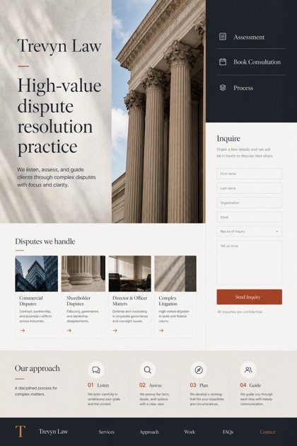 Legal website design for United States, showing a clear opening, service information, supporting content, and a focused inquiry action.