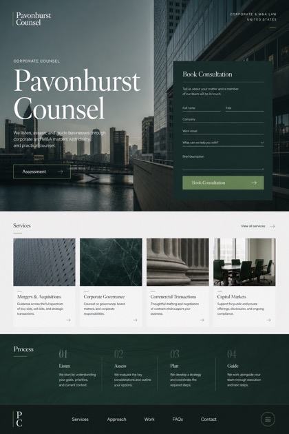 Legal website design for United States, showing a clear opening, service information, supporting content, and a focused inquiry action.