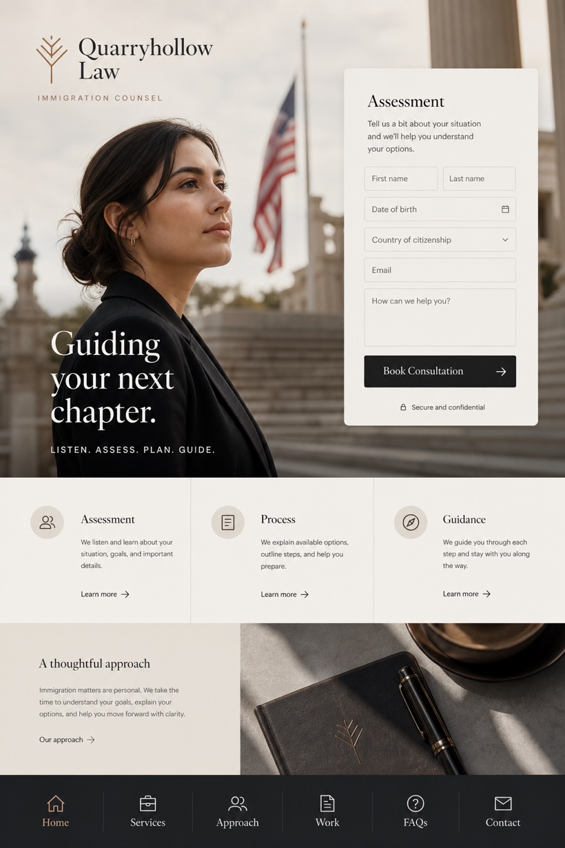 Legal website design for United States, showing a clear opening, service information, supporting content, and a focused inquiry action.