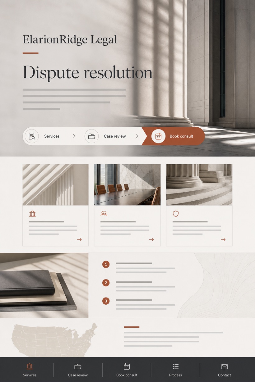 Legal website design for United States, showing a clear opening, service information, supporting content, and a focused inquiry action.