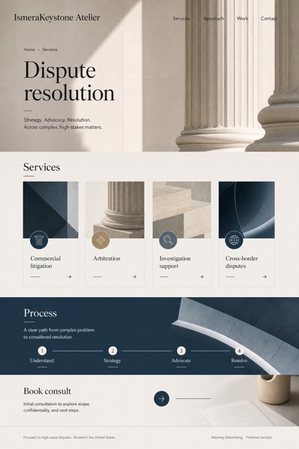 Legal website design for United States, showing a clear opening, service information, supporting content, and a focused inquiry action.