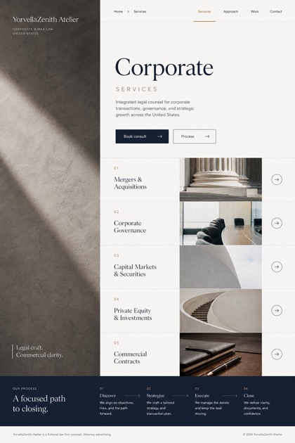 Legal website design for United States, showing a clear opening, service information, supporting content, and a focused inquiry action.