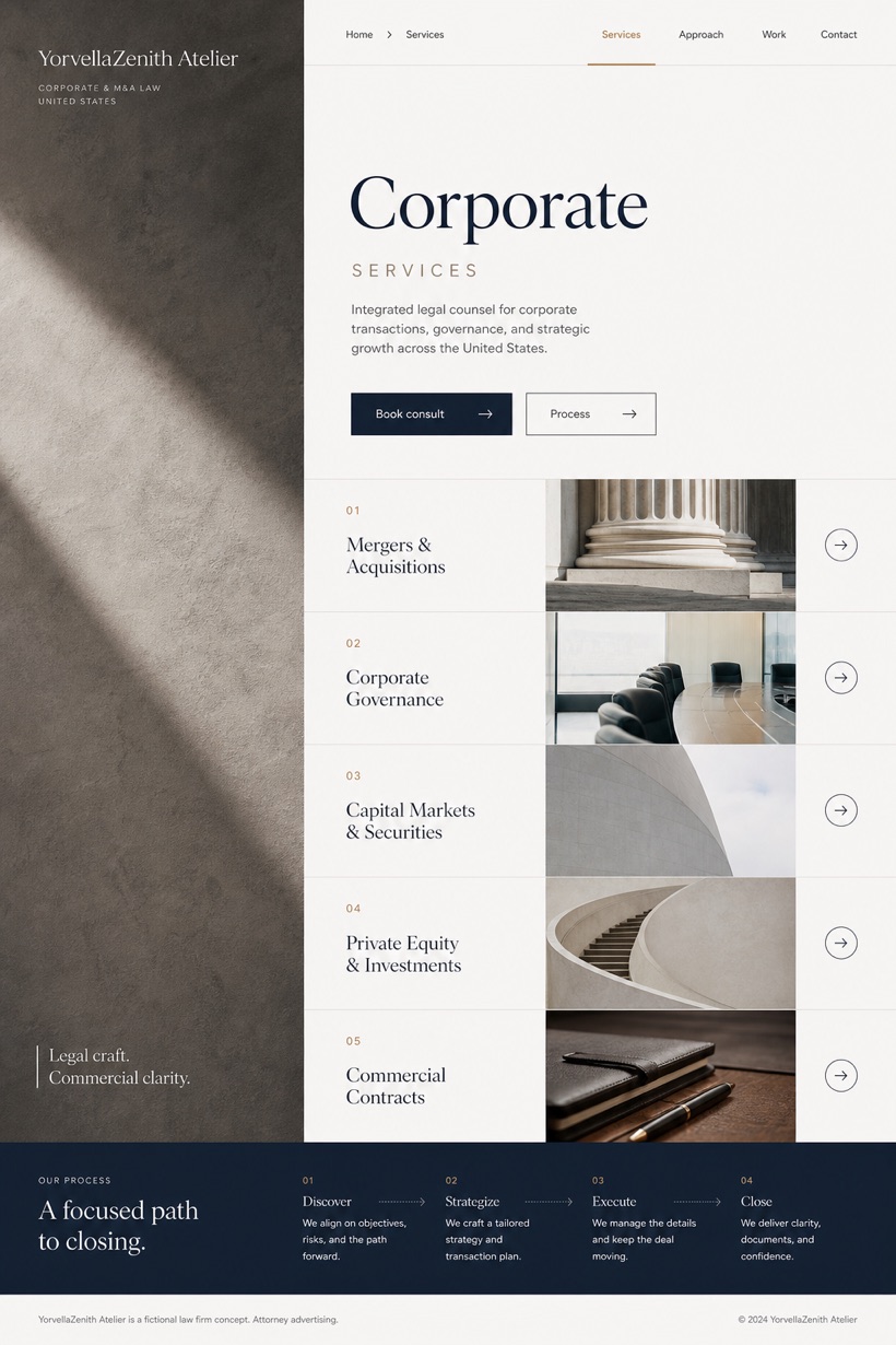 Legal website design for United States, showing a clear opening, service information, supporting content, and a focused inquiry action.