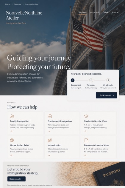 Legal website design for United States, showing a clear opening, service information, supporting content, and a focused inquiry action.