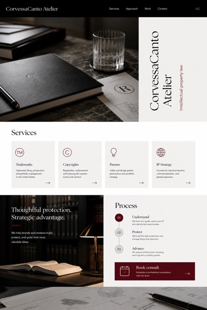 Legal website design for United States, showing a clear opening, service information, supporting content, and a focused inquiry action.
