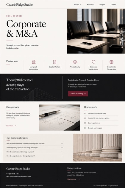 Legal website design for United States, showing a clear opening, service information, supporting content, and a focused inquiry action.