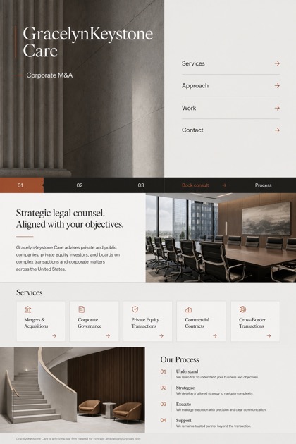 Legal website design for United States, showing a clear opening, service information, supporting content, and a focused inquiry action.