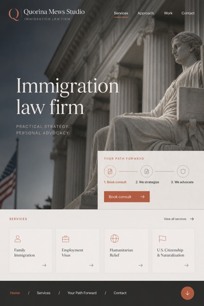 Legal website design for United States, showing a clear opening, service information, supporting content, and a focused inquiry action.